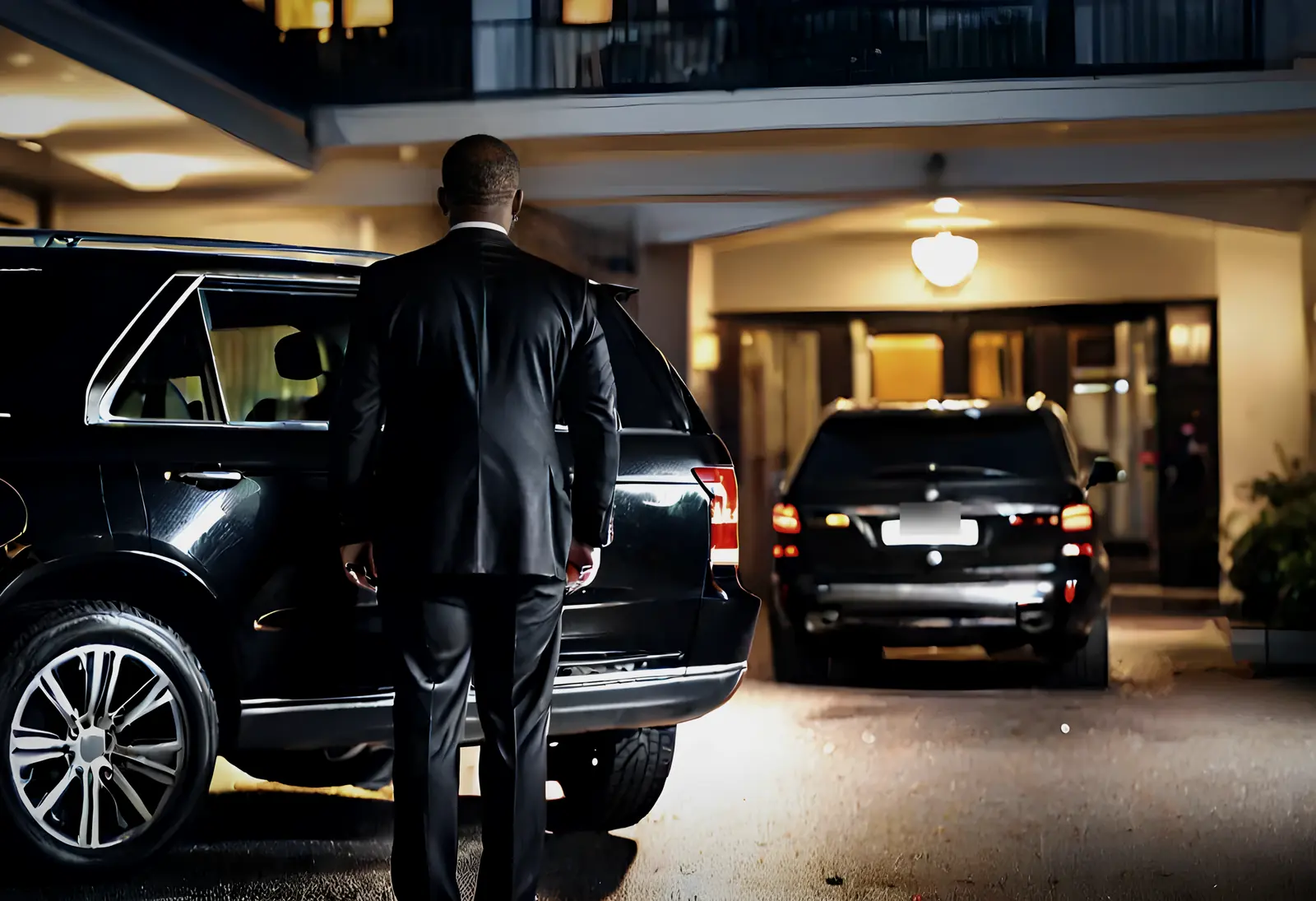 Two Swarm close protection officers in black beside a client's car at a hotel entrance.
