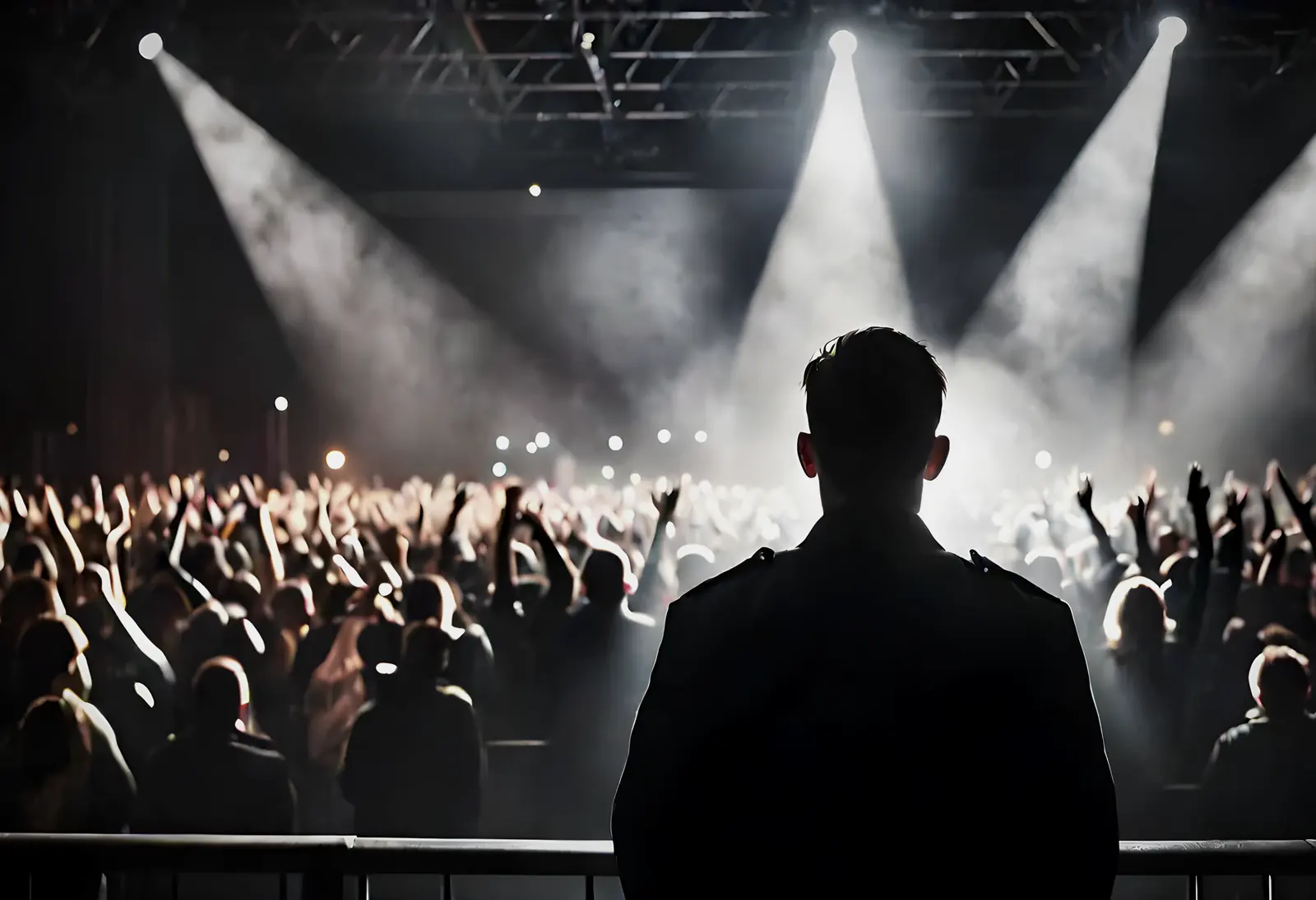 A security officer at the barrier in front of a concert crowd.