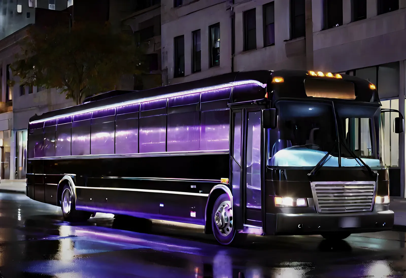 A black party bus at the curb outside a venue at night.